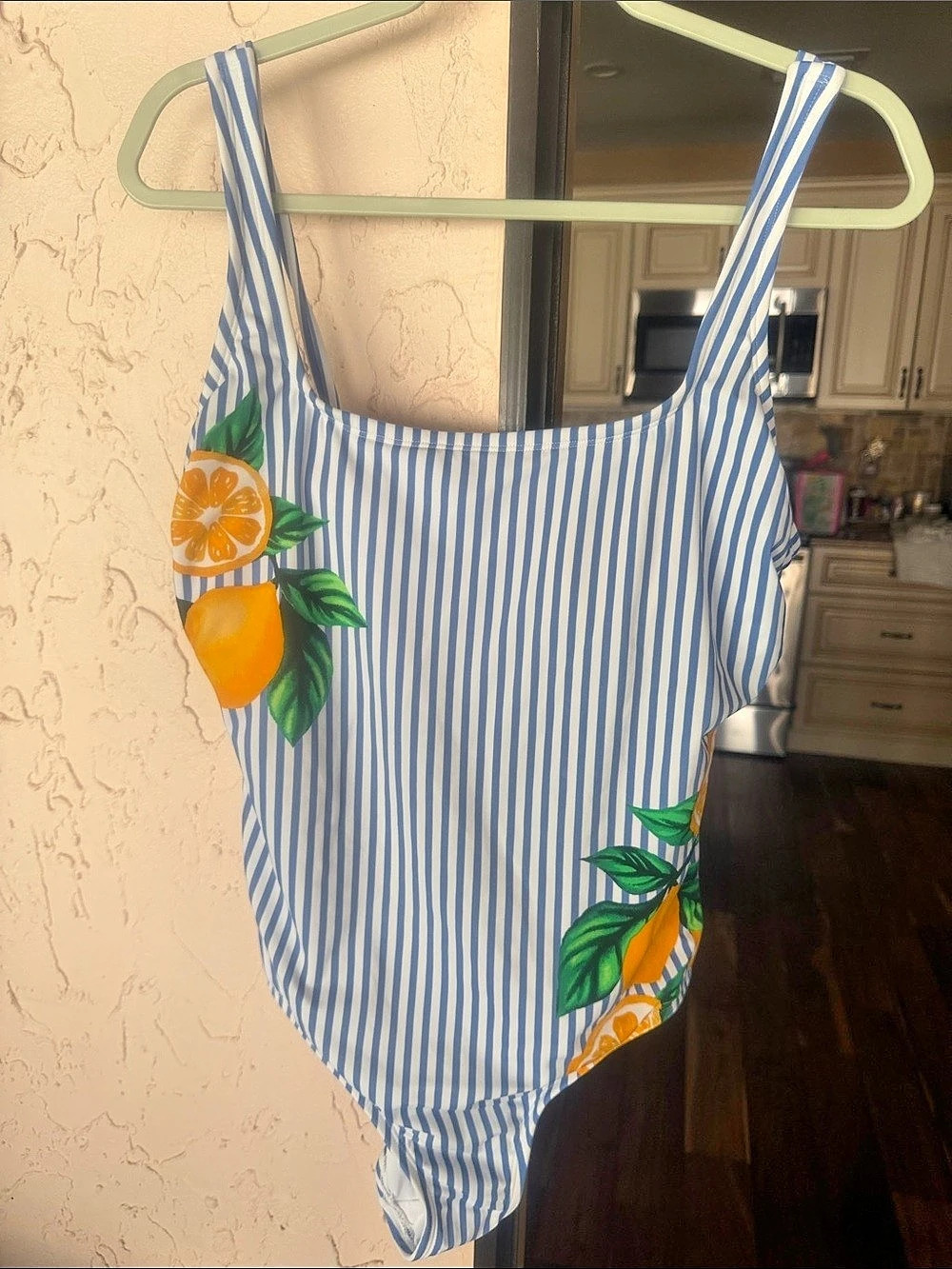 Kona Sol Large Blue & White Striped One-Piece Swimsuit